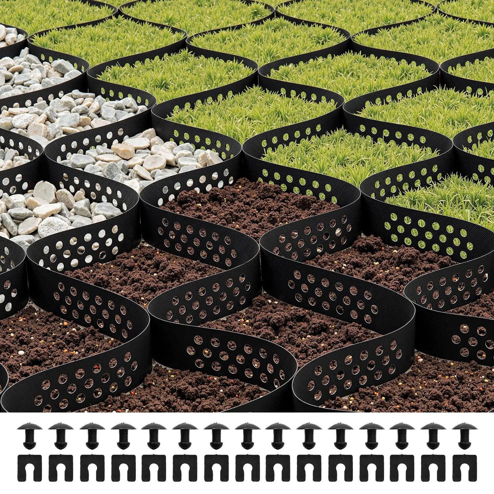 VEVOR Honeycomb Gravel Grid, 2 in Depth, 16.4x6.5 ft/5000x1980 mm, 1880 LBS Per Sq Ft Outdoor Permeable Drain Recyclable HDPE Geo Grid, Grass Base Ground Retention for DIY Users, Driveway Stabilization