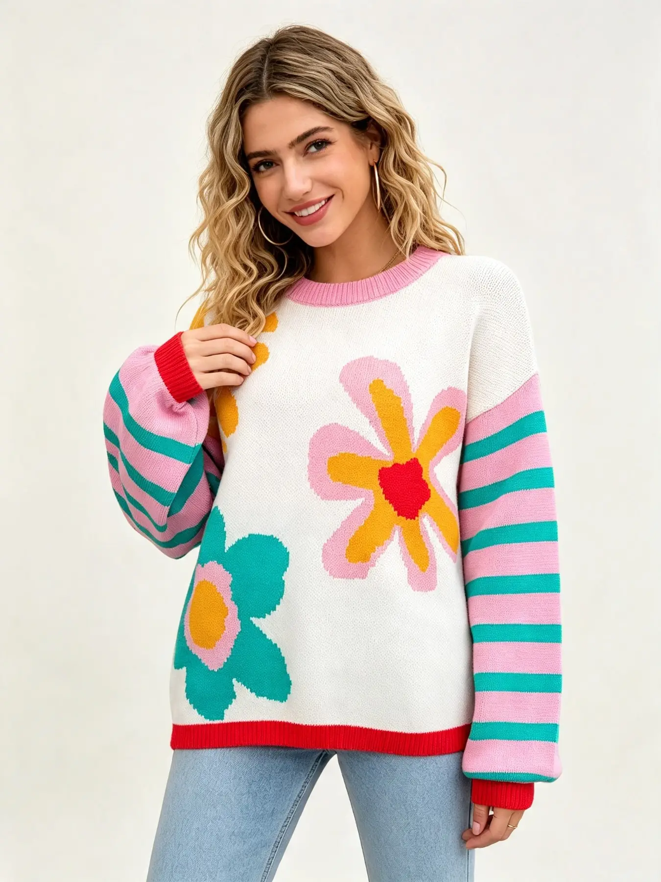 Women's Colorful Large Flower Knit Sweater, Round Neck Long Sleeve Loose Fit, Casual Fall & Winter Top, Striped Contrast Design