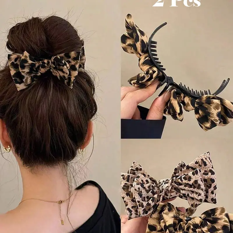 Leopard Print Bow Hair Claw, Hair Claw Clips, Polyester & Spandex Bowknot Hair Clip, High Ponytail Fixed Clip, Vintage Fabric Hair Claw