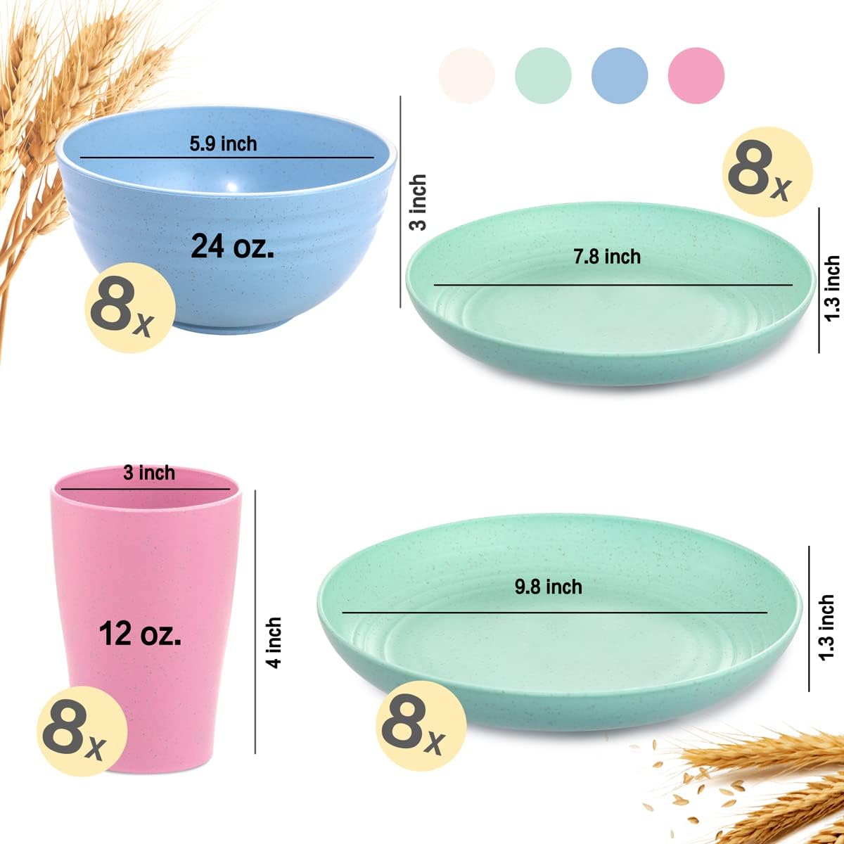 Wheat Straw Dinnerware, Microwave Dishwasher Safe, Unbreakable Light Weight Plates Service For 8, Tableware Set, Multicolor Set 16 count Plates, 8 count Bowls, 8 count Cups Wheat Straw Dinnerware, Microwave Dishwasher Safe, Unbreakable Light Weight Plates Service For 8, Tableware Set, Multicolor Set 16 count Plates, 8 count Bowls, 8 count Cups