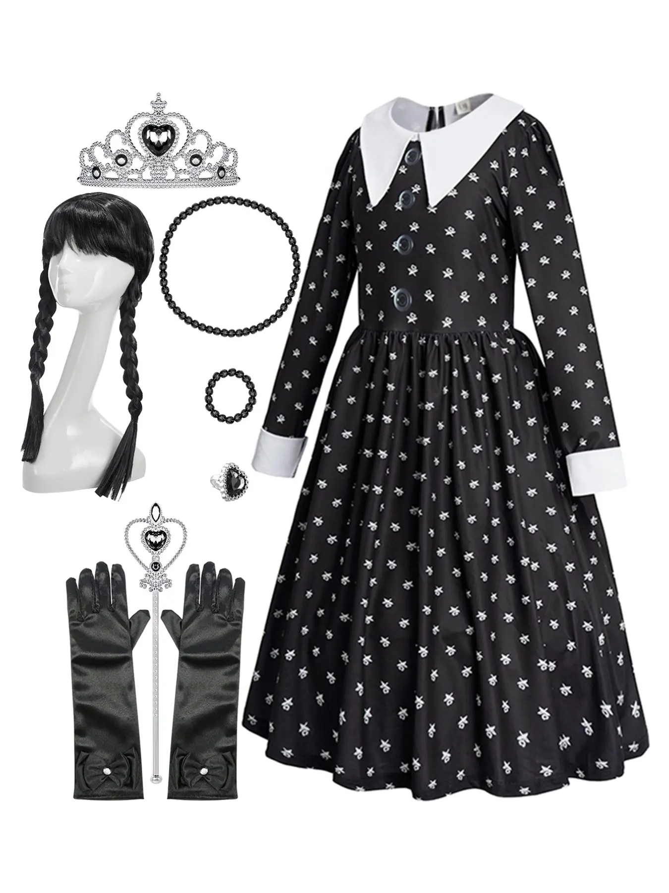 Vintage Long Sleeve Dress Girls Set, Classic Fabric with Print, Halloween Party, Ages 4-13, Includes Accessories