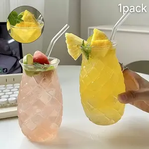 Embossed Pineapple Shape High Borosilicate Glass Tumblers with Glass Straw, Food Grade BPA Free Heat Resistant Anti-Scald, Dishwasher Safe Easy Clean Reusable, Perfect for Juice Iced Coffee Bubble Water Cocktails, Great for Home Restaurant Cafe Daily Use