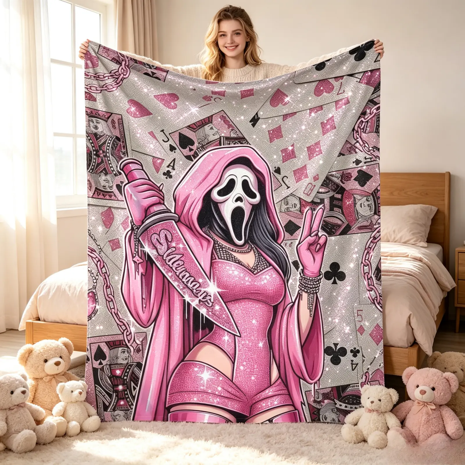 Pink Ghostface Scream Flannel Throw Blanket, Girly Spooky Horror Movie Killer Print, Ultra Soft Cozy Lightweight Blanket For Couch Bed Sofa, Halloween Gothic Home Decor Gift For Horror Fans Birthday Christmas TikTok Popular Amazon Must Have