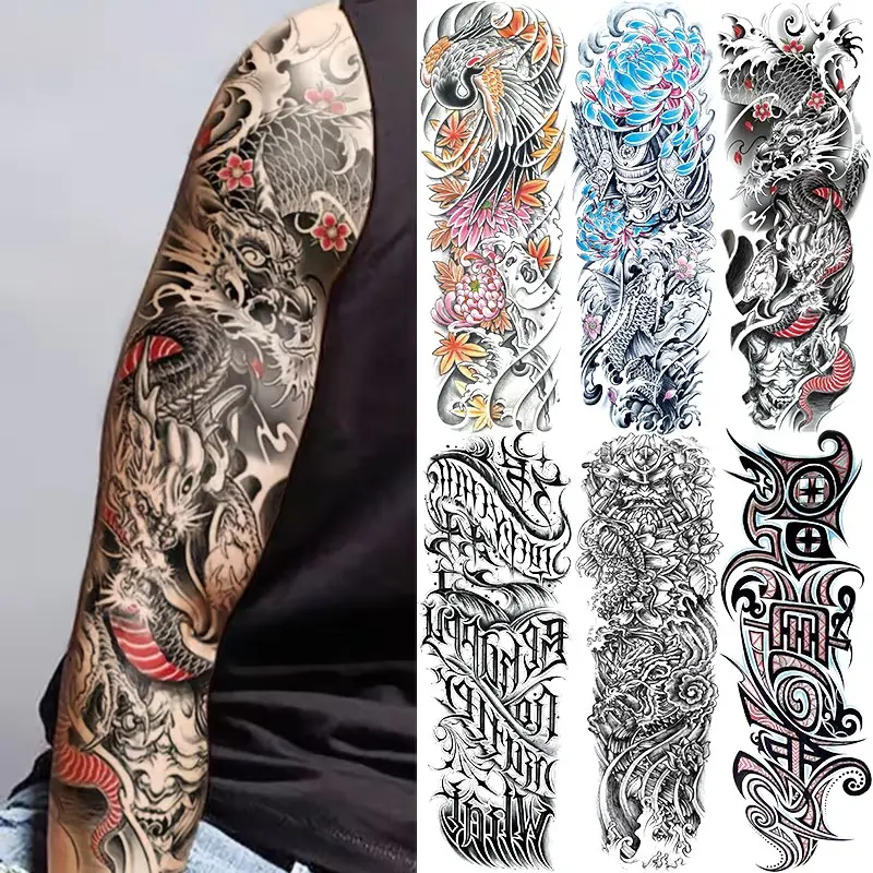 6 Gothic Chicano Style Large Full Arm Temporary Tattoos, Waterproof Realistic Crane Dragon Koi Designs, Letter Tribal Fake Tattoos, Tattoo Stickers