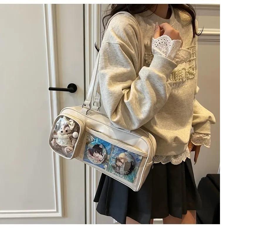New Y2K Cute Ita Bag Large Capacity Fashion Shoulder Bag Lolita Girls Transparent Cosplay Underarm Bag DIY Badge Display Handbag