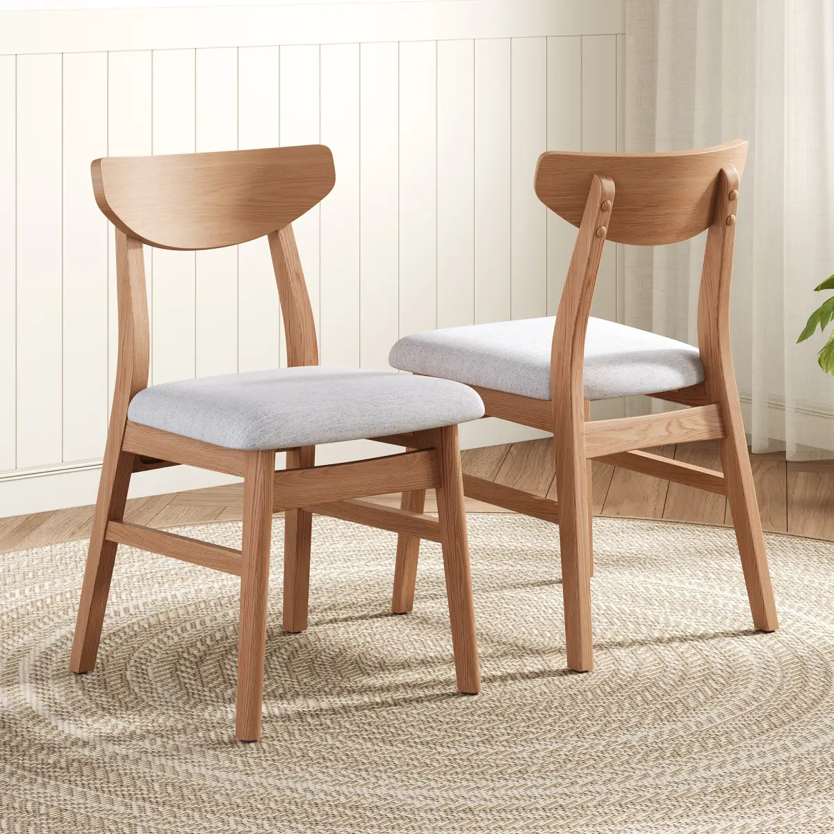 Set of 2 Modern Scandinavian Chairs - Curved Wood Backrest & Gray Fabric Seat, Light Brown Finishes for Living Room, Dining Room, Easy to Assemble