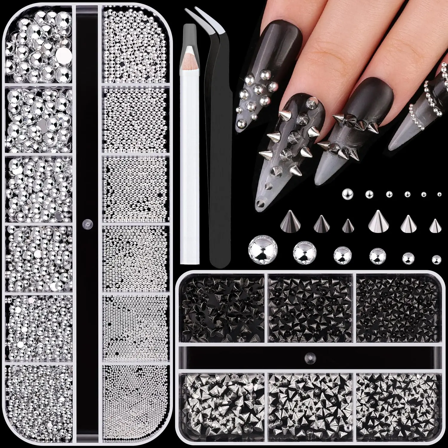 3D Mini Punk Nail Studs Cone Spike Alloy Rivets (Black+Silver), Flatback Nail Pearls and Round Steel Balls Beads(Silver), Goth Nail Charms and Gems for Nail Accessories