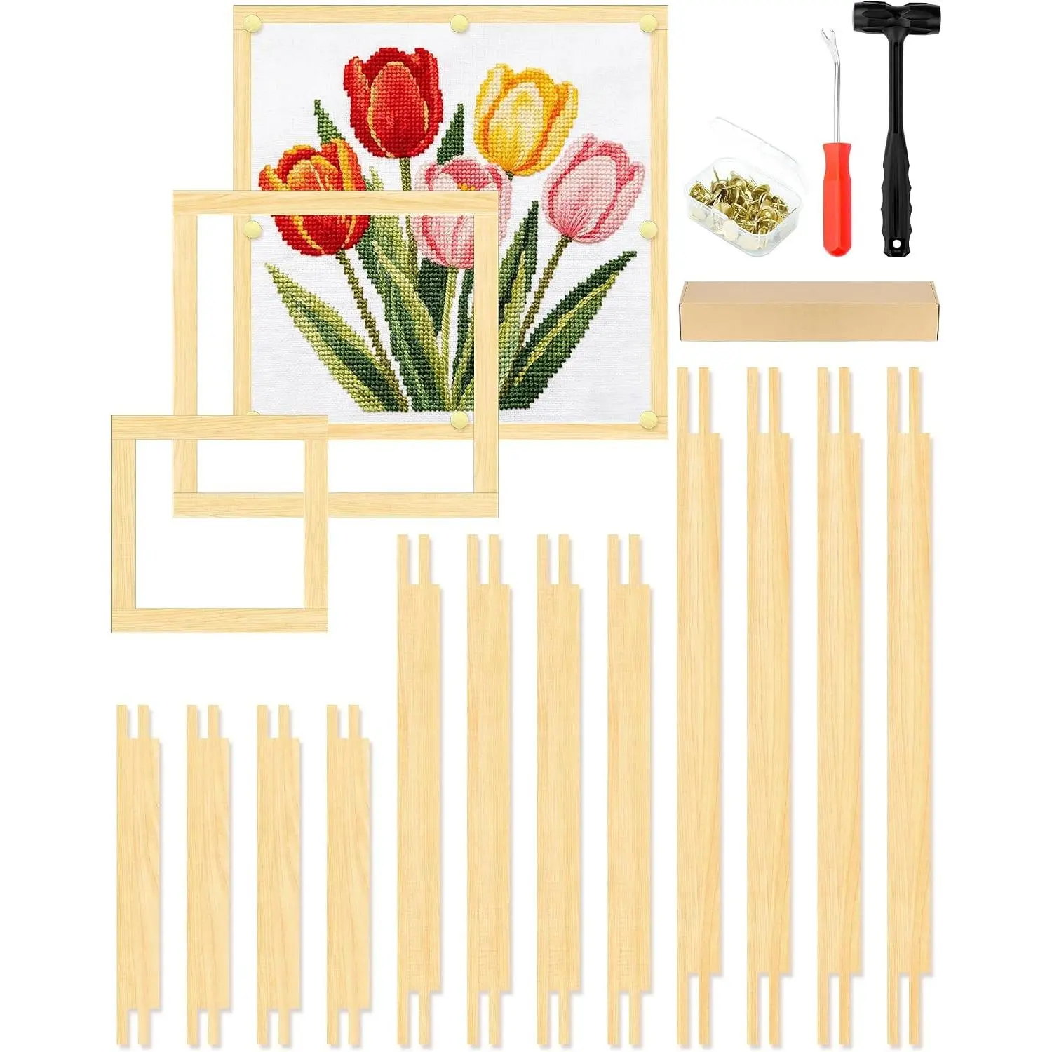 12Pcs Stretcher Bars for Needlework, 3 Sizes Stretcher Bars | Pre-Painted Wooden Canvas Stretcher Bars, 50 Tacks, Tack Remover and Mallet, Needlepoint Embroidery Stitch Frame, 8"/12"/16"