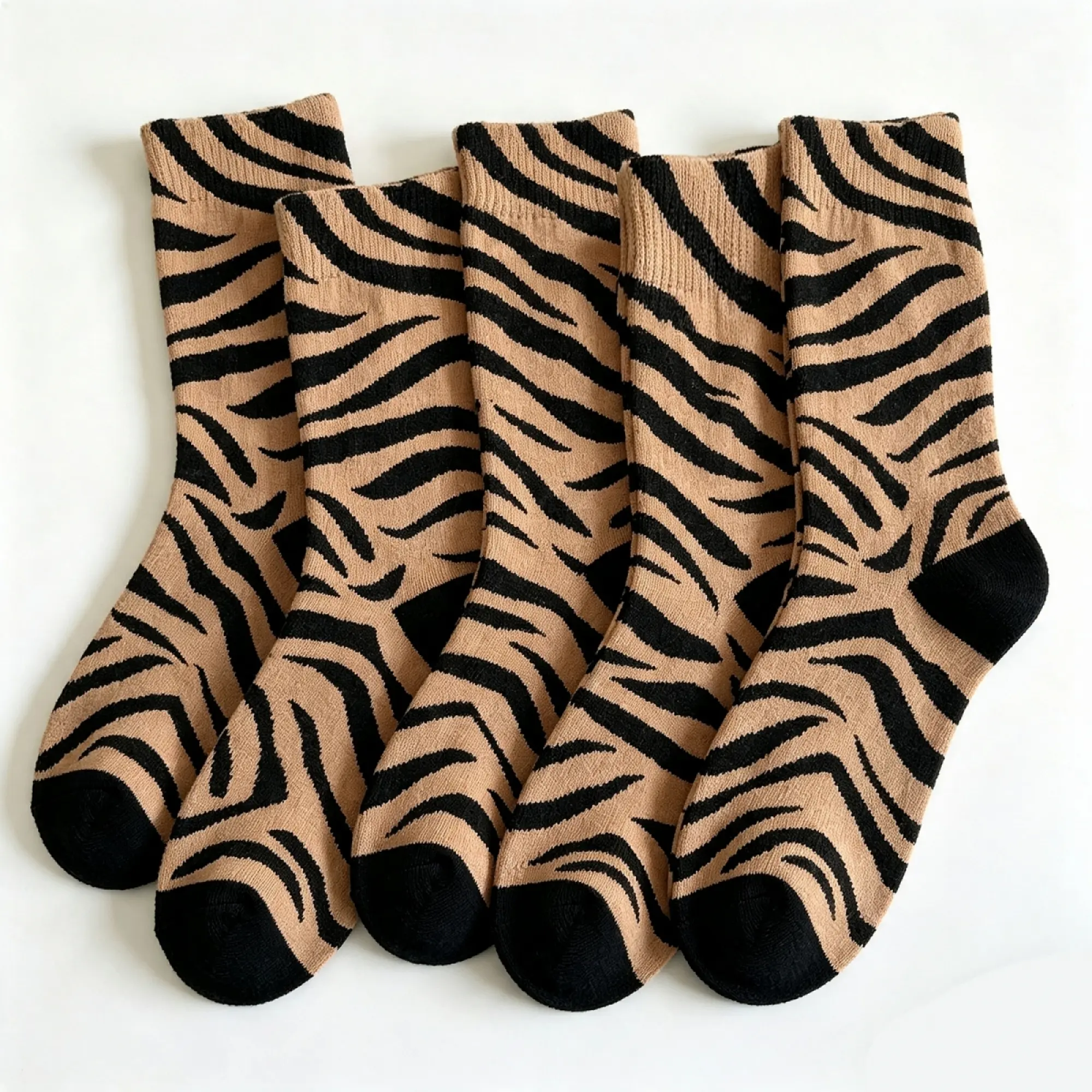 Women's Soft Cotton Breathable Knit Casual Mid-Calf Crew Socks - 5-Pair Multi-Color Animal Print, Zebra/Tiger Patterns