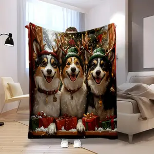 Corgi Reindeer printed cute cartoon plush blanket suitable for all seasons, soft and comfortable sofa mattress, office outdoor blanket, camping travel home blanket, black five Christmas holiday gift A13