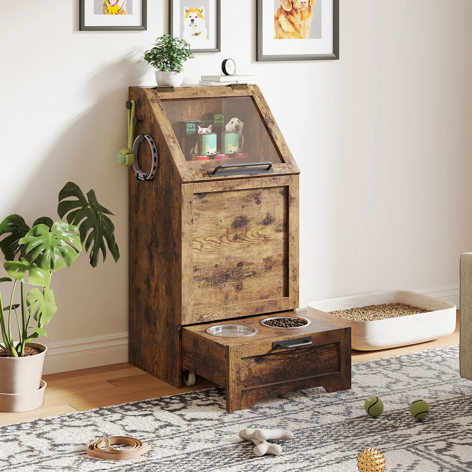 Dog Feeding Station with Storage, Food Cabinet Furniture with 2 Raised Bowls, Turn over-Style Top Food Storage, 3 Hooks, Modern Pet Feeder Cabinet for Feeding & Watering, Rustic