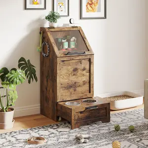 Dog Feeding Station with Storage, Food Cabinet Furniture with 2 Raised Bowls, Turn over-Style Top Food Storage, 3 Hooks, Modern Pet Feeder Cabinet for Feeding & Watering, Rustic