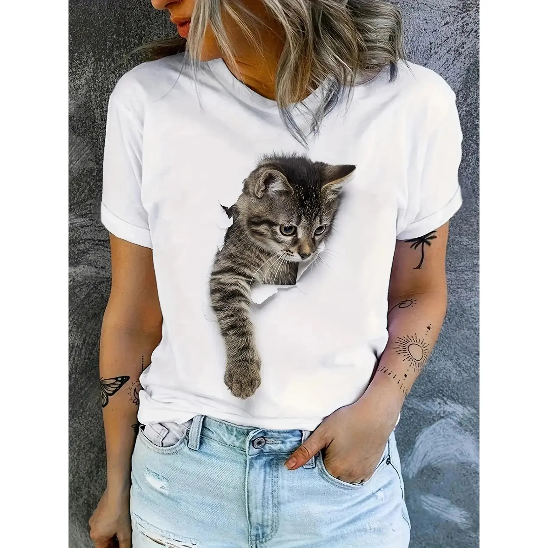 Women's Soft Cat Print T-Shirt, Casual Short Sleeve Crewneck Graphic Top, a Breathable Everyday Wardrobe Essential