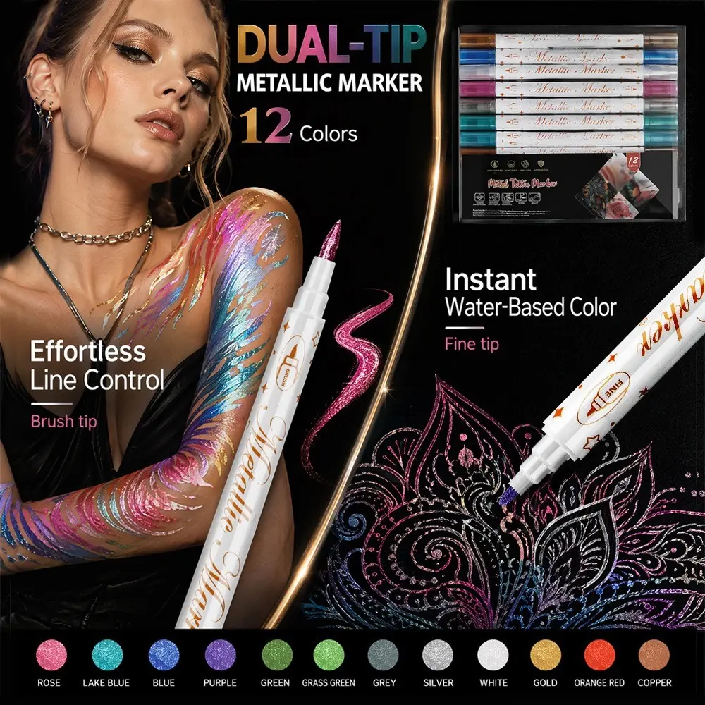 Metallic Tattoo Marker Pen, Washable, Skin Safe Body Art Brush, Soft Tip, DIY Temporary Tattoos, Party Makeup, Glass, Wood Painting Kit