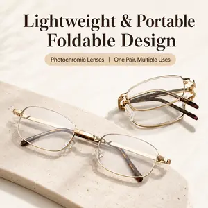 Foldable Fixed Strength Reading Glasses for Men and Women, Photochromic Blue Light Filtering Metal Frame Readers for Close-Up Reading, Phone and Computer Use