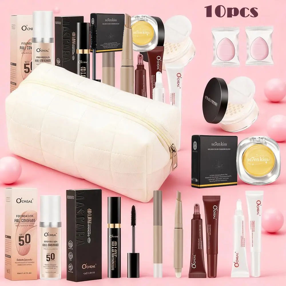 Valentine‘s Day Makeup Gift Set for Her, 10-Piece Romantic Face Makeup Set with Makeup Bag, Color Changing Blush, Foundation, Mascara, Lip Gloss & More, Complete Beauty Collection, Glam Set, Cosmetics Kit