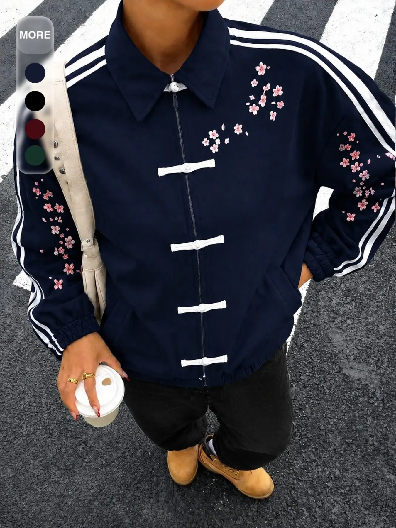 Eloria Lounge Women’s Floral Embroidered Track Jacket, Chinese Inspired Frog Button Zip Up Jacket with Side Stripes, Vintage Casual Streetwear Outerwear