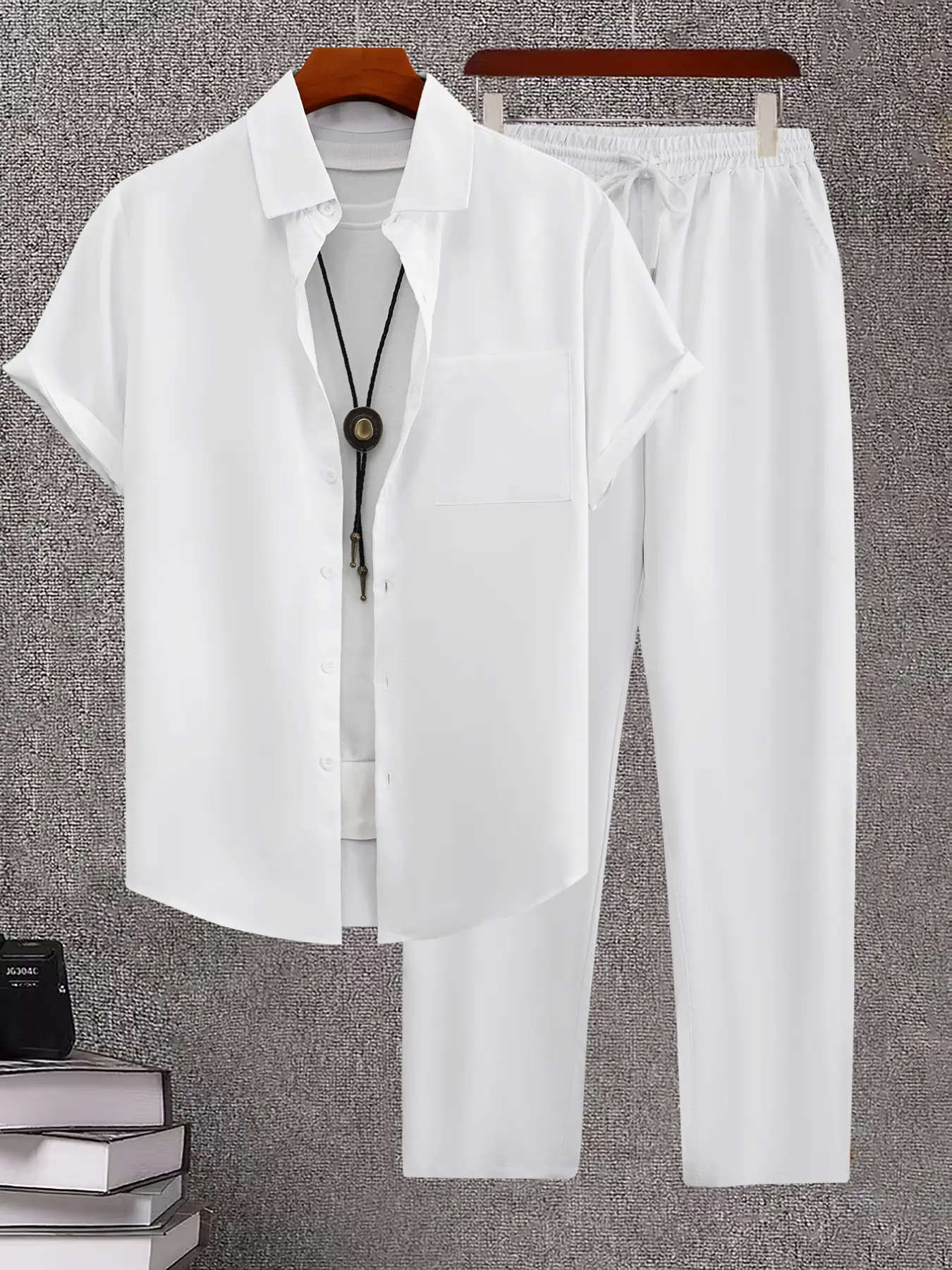 Men's Summer 2-Piece Set, Casual Classic Fashion Collared Short Sleeve White Shirt and Drawstring Shorts, Tropical Beach Vacation, Menswear