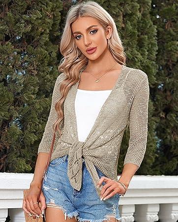 Saodimallsu Womens Sheer Shrug Sweaters 3/4 Sleeve Open Front Tie Cardigan Bolero Jacket Lightweight Crochet Knit Cover Up Tops