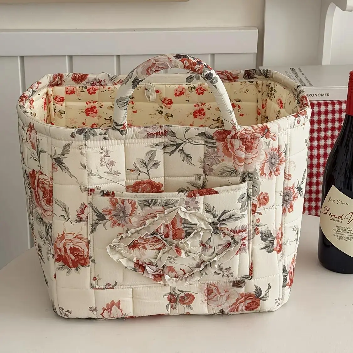 Quilted Floral Pattern Waterproof Rectangular Storage Basket - Large Fabric Bin with Peony Print, Handles, Home & Camping Picnic Outdoor Organizer (Unisex)