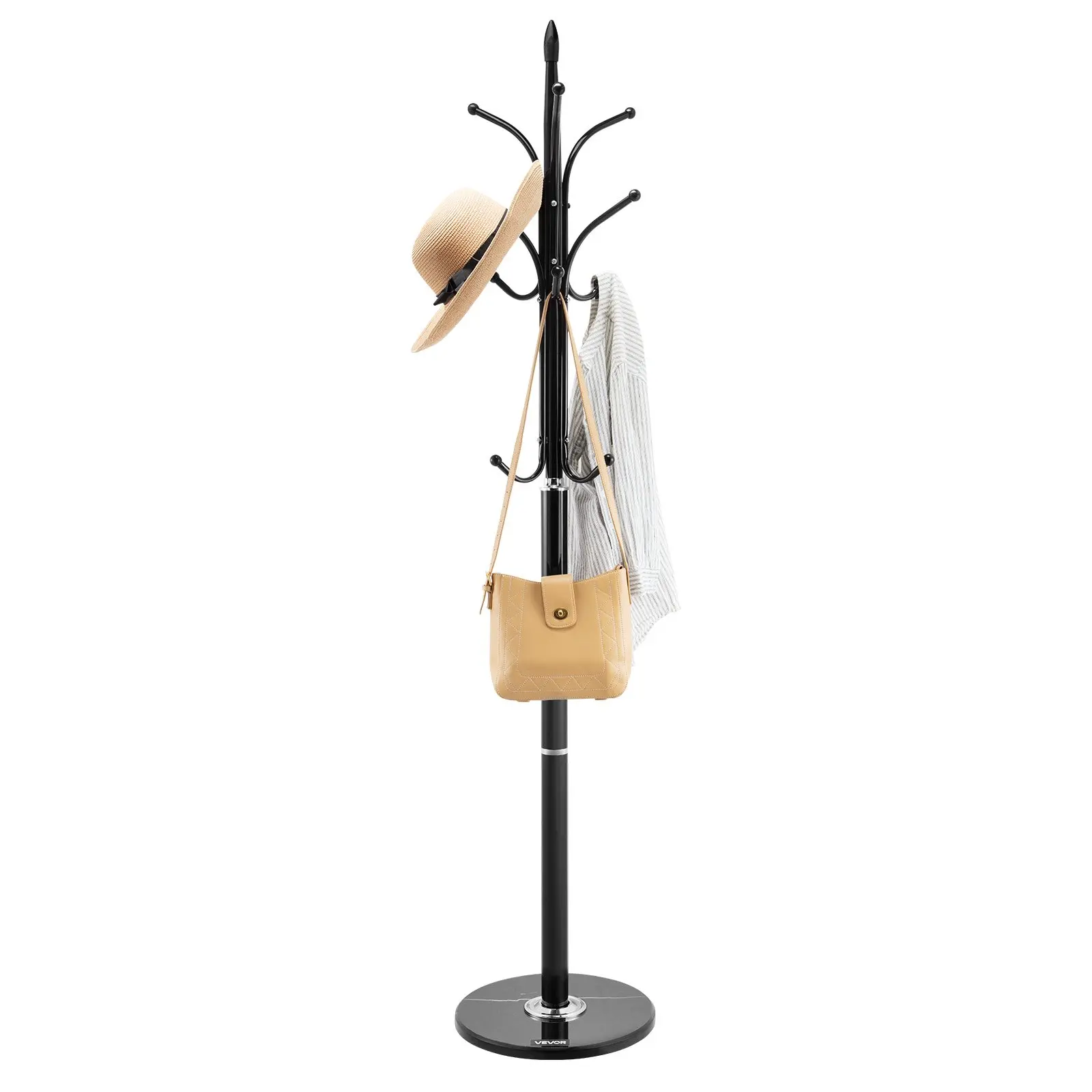 Coat Rack Freestanding, Coats Tree Stand with Stable Marble Base 6 Hooks, Free Standing Hall Coat Rack for Entryway, Bedroom, Office, Living Room, Modern Clothes Hanger for Coats, Hats, Bags