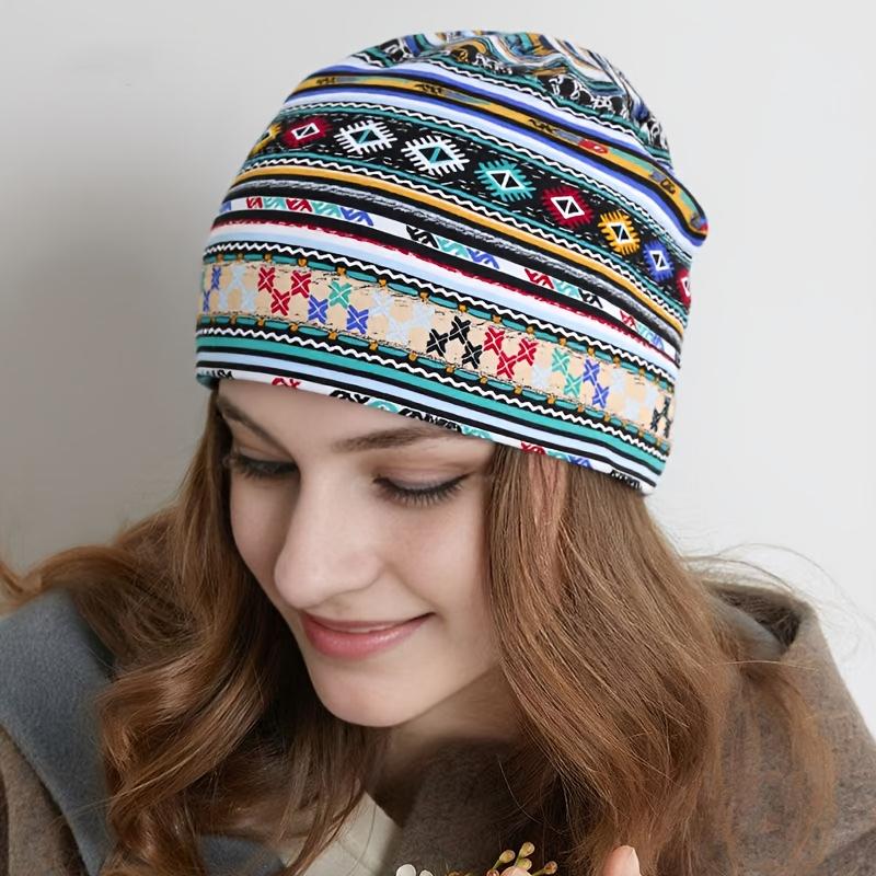 4 Pack Bohemian Style Double-Sided Skullies Caps for Men Women, Elastic Slouchy Beanie, Warm Winter Neck Gaiter, Casual Headwear, Machine Washable, Mixed Color, Suitable for Casual Attire & Cold Weather - Perfect Gift for Friends & Family