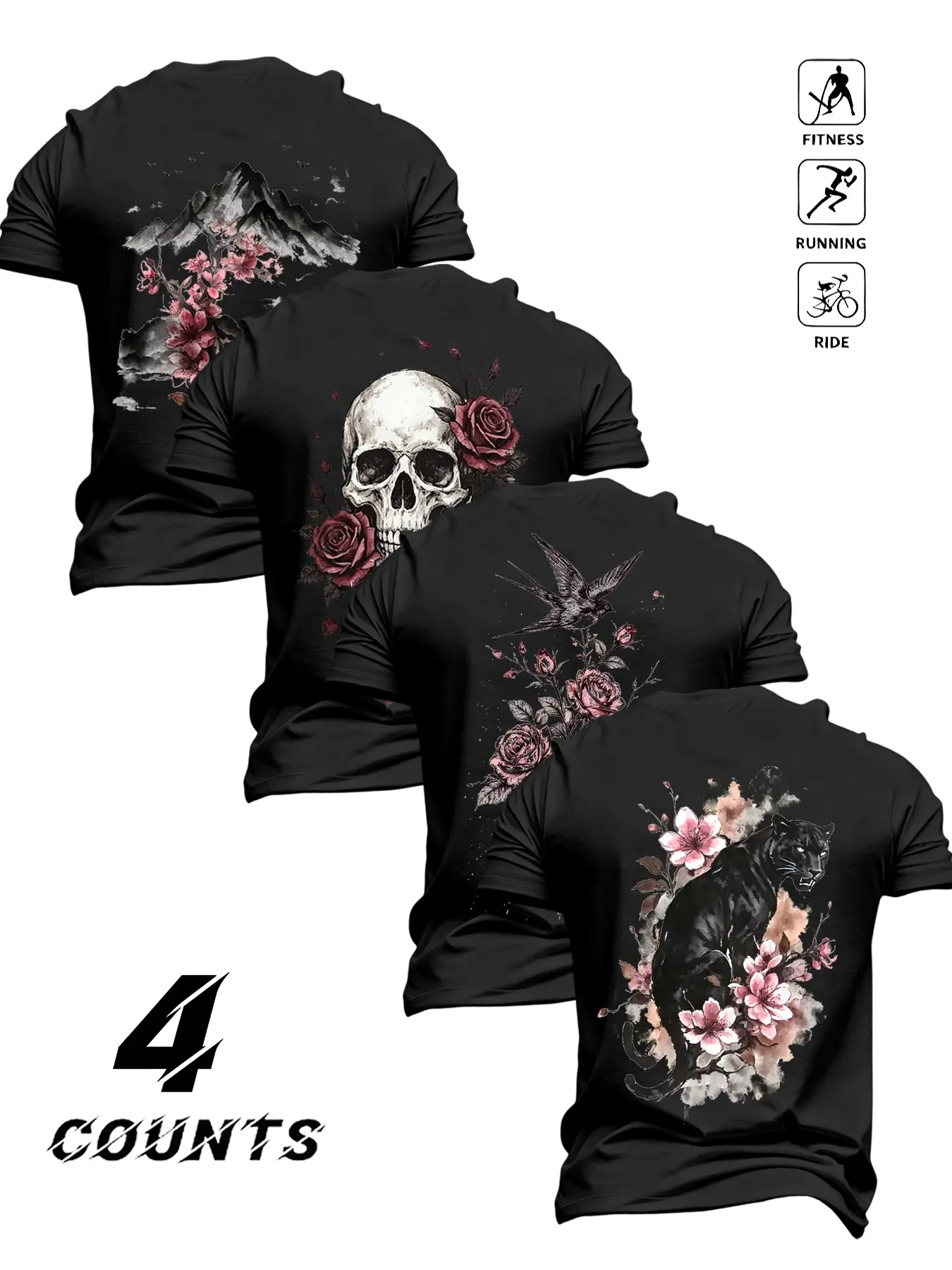 Four-Pack Ink Floral Skull Panther Swallow Landscape Print Round Neck Short Sleeve T-Shirts, Men's Fashion Streetwear Top