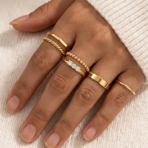 6 Pcs 14K Gold Plated Fashion Stackable Rings Set for Women Girls, Non Tarnish Dainty Cubic Zirconia Thin Ring Set, Trend Jewelry, Size 5-11