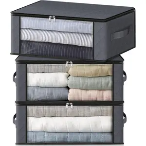 Storage 3-Pack Clothes Organizer Storage Bags Foldable Storage Box with Large Clear Window Sturdy Handles for Closet, Dorm, Pillows, Bedding, Clothes, Blankets, 35L, Gray