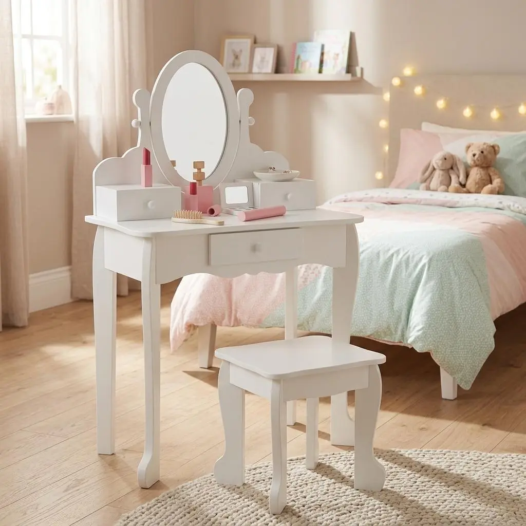 Sturdy Wooden Kids Vanity Table Set with Mirror and Matching Stool, Princess Makeup Dressing Desk Designed for Little Girls Aged 4-9, Ideal Pretend Play Furniture for Kids Bedroom and Playroom