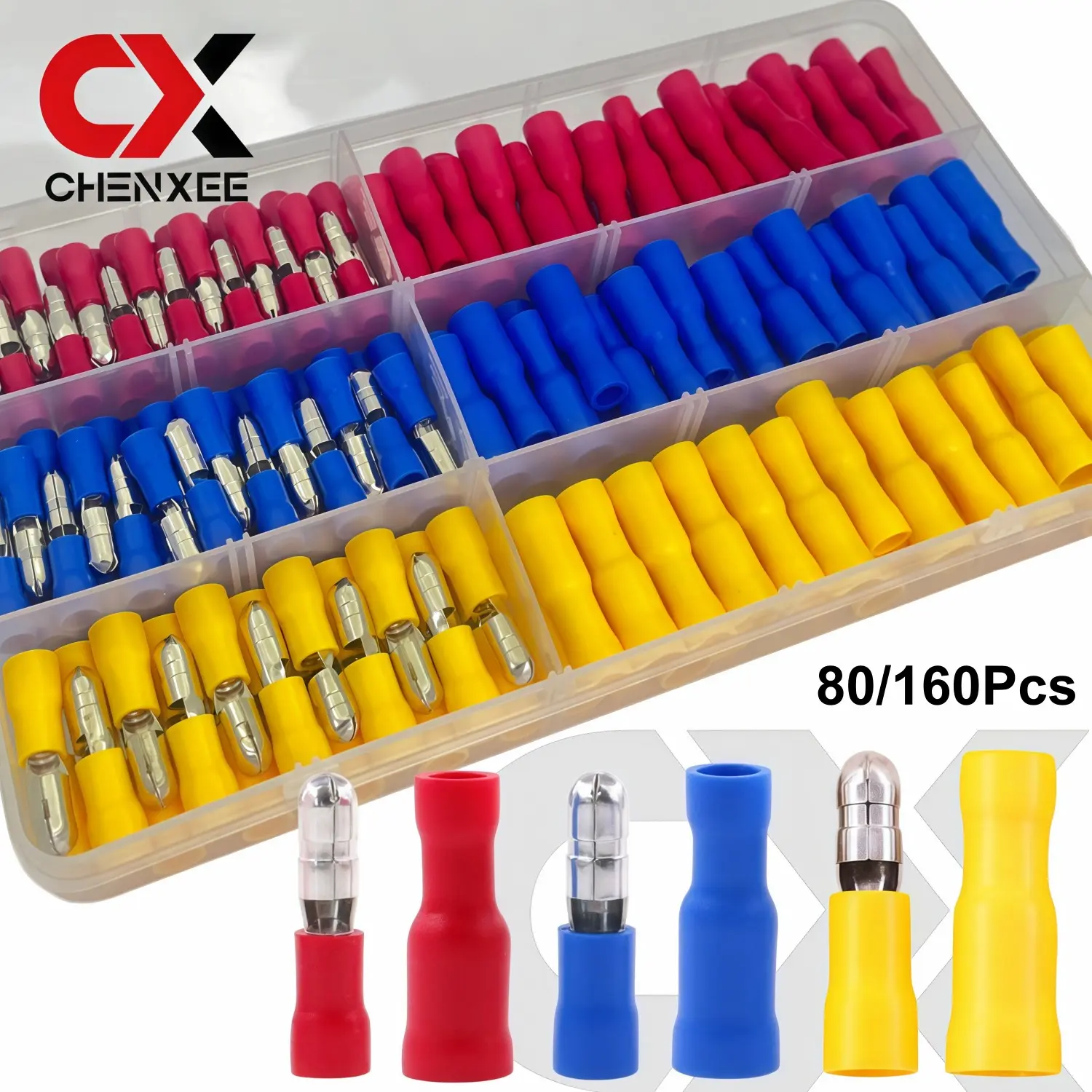 80/160pcs bullet butt connectors male female, Insulated pvc quick splice electrical crimp terminal for automotive, boat, industrial equipment, motorcycle wire connector butt 22-10 gauge red yellow blue kit, Solderless crimp connectors