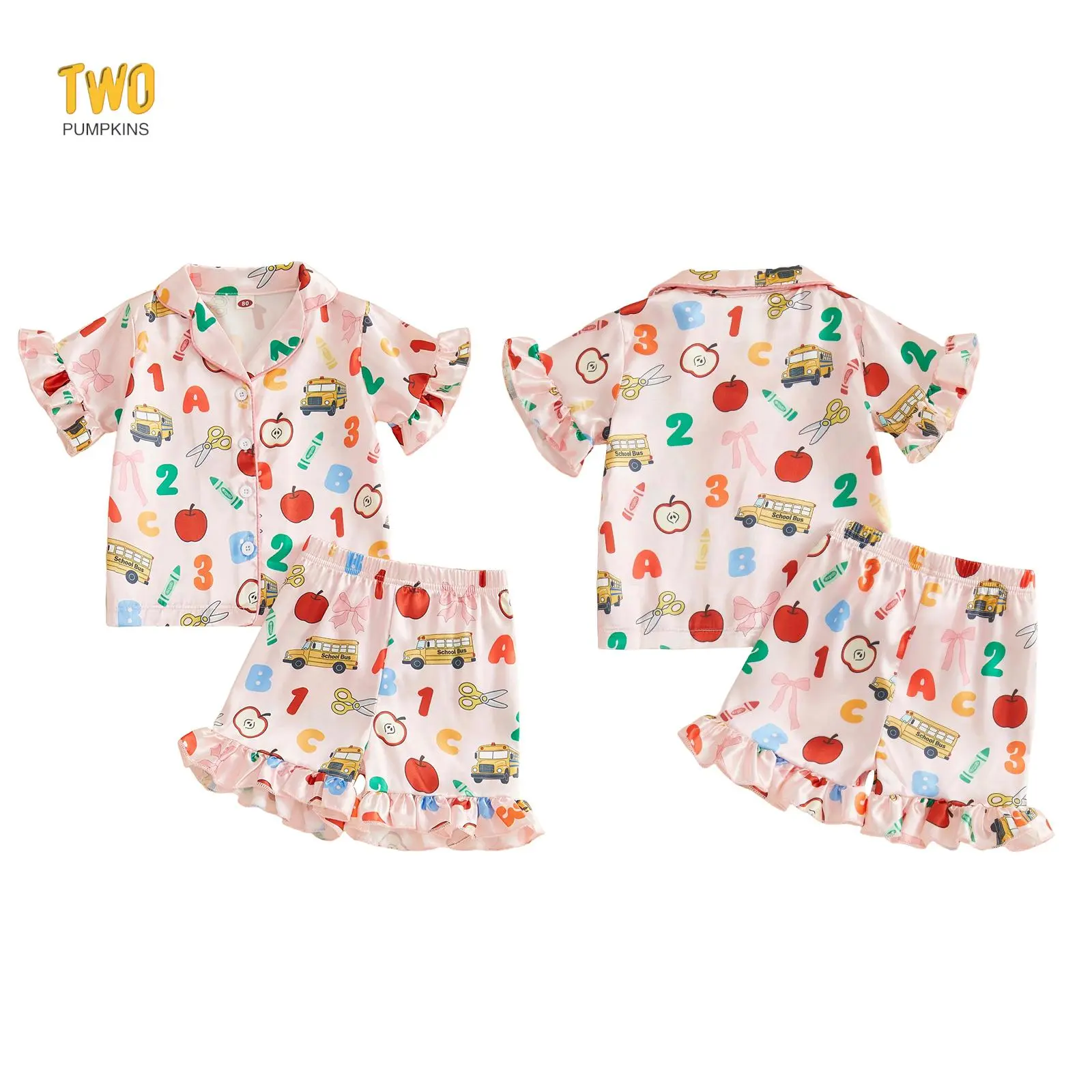 Kids Boys Girls Back To School Pajamas Set Apple Number Pencil Print Short/long Sleeve Tops Elastic Waist Pants 2 Pieces Satin Sleepwear