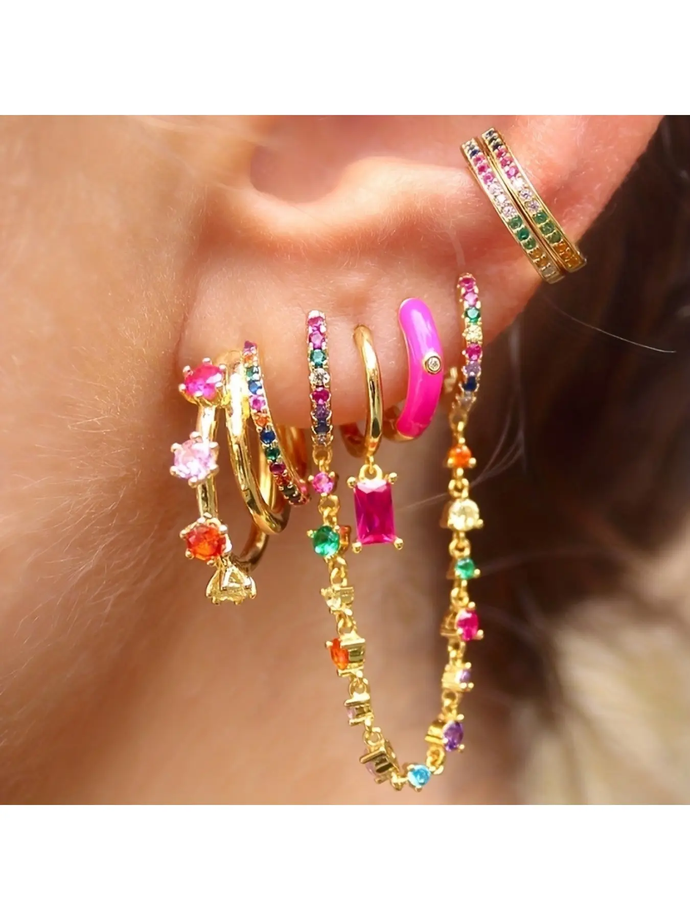 Two-Tone Rainbow Double Hoop Earrings, Prong-Set C-Shaped Studs, Trendy Stackable Jewelry for Stylish Layering Looks, Fashion Jewelry Earrings
