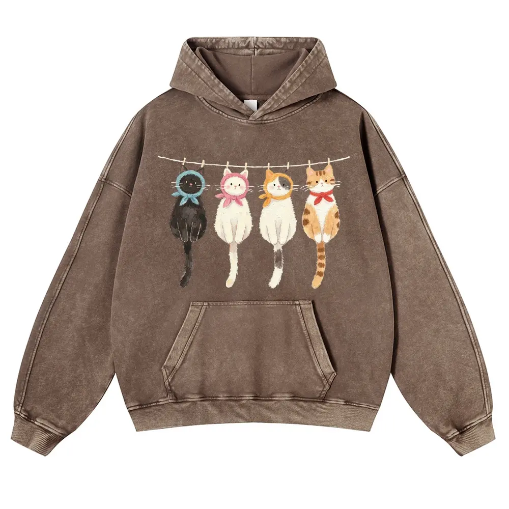 Four Bandana Cats Hanging On Clothesline 380g Autumn VIntage Washed Hoodie Graphic Sweatshirt