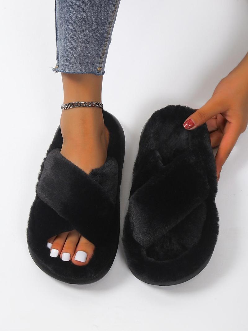 Solid Color Criss Cross Design Fluffy Slippers, Cross Strap Slippers, Casual Comfortable Silent Anti-slip House Slippers for Fall & Winter Indoor and Outdoor Wear, Fall Outfits, Fall Freshness, Footwear