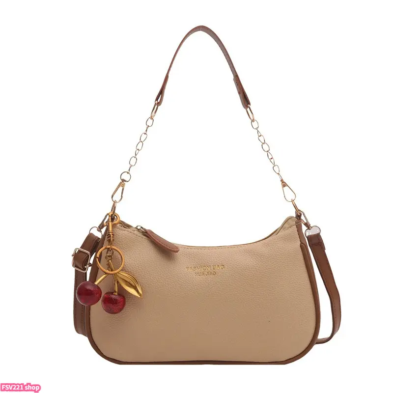 Pebbled Faux Leather Crossbody Bag for Women, Cute Mini Baguette with Adjustable & Chain Straps, Cherry Charm - Casual Everyday Accessory, Accessories For Women, Everyday Bag, Handbags For Women