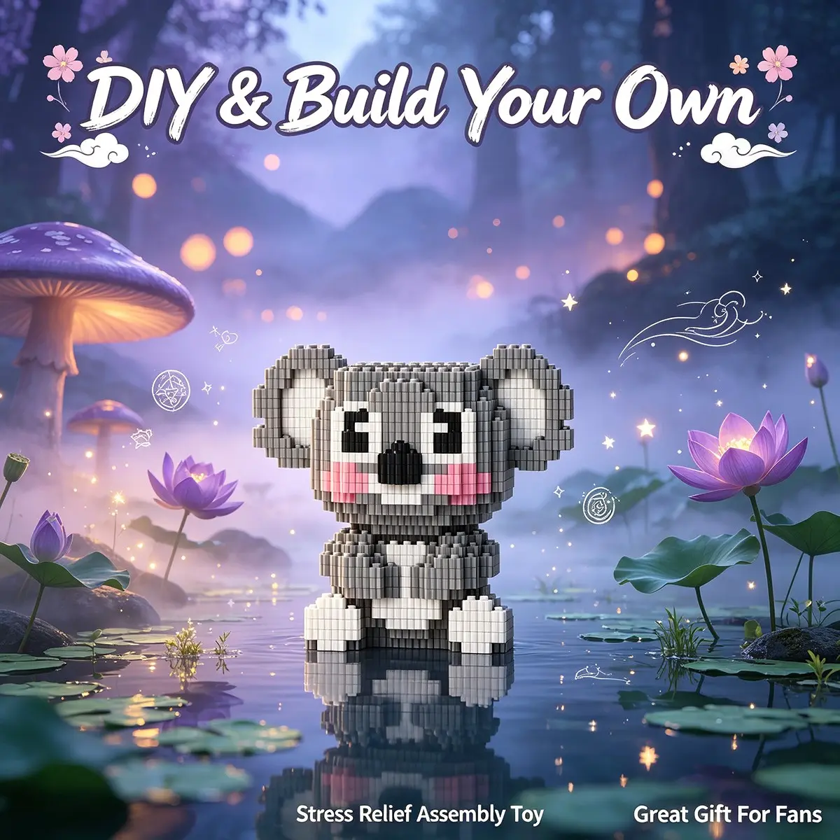 Dreamy Fog Forest Lotus Koala 3D Puzzle Block, Home Office Decor, Party Decoration, Ideal Gift, Handmade Craft, Collectible Statue