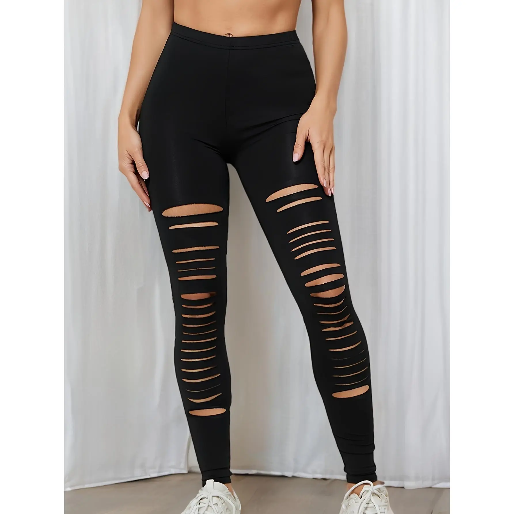 Women's High-Waist Ripped Skinny Leggings - Summer Hollow-Out Perforated Elastane-Polyester Bottoms, Medium Stretch, Distressed Detail, Comfortable Fit, Machine Washable, Elegant Womens Fitness All-Season Wear