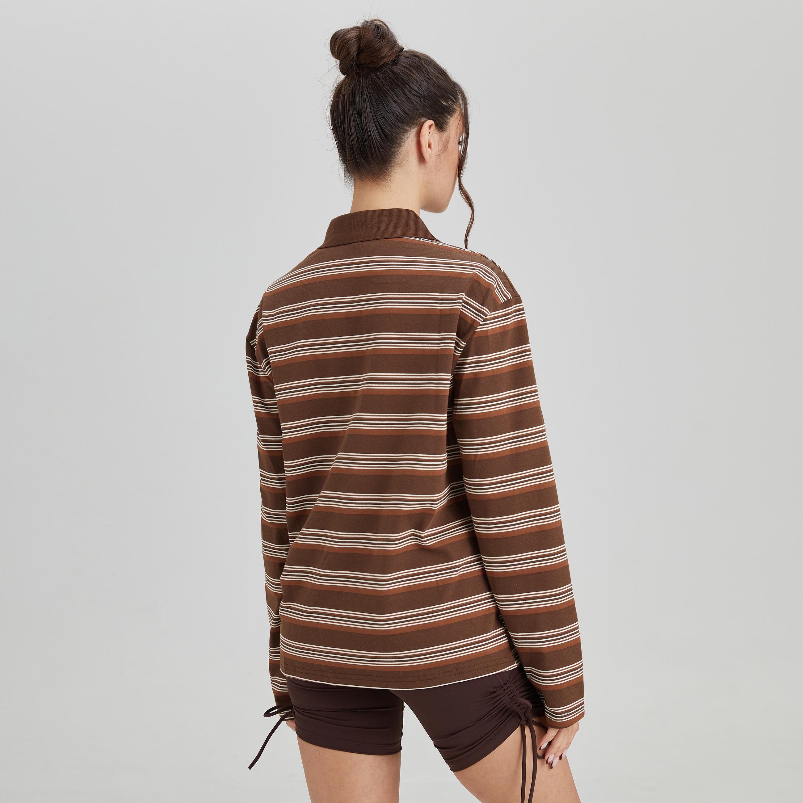 KatchMe Women's Casual Color-Matching Stripe Partial Button Long Sleeve Top, Versatile Striped Cotton Polo Shirt, Comfort Loose Streetwear