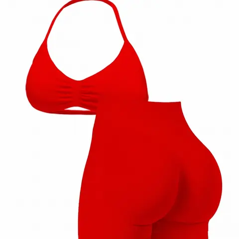 Women's Seamless Knitted Sports Set, Halter Sports Bra and High-Waist Three-Section Shorts with Open-Back Design, Perfect for Yoga and Gym, Seamless Sportswear, Athleisure Set, Seamless Workout Sets, Athleisure Activewear Clothing, Fitness Apparel