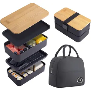 Bamboo Bento Box with Compartments and Utensils Stackable Lunch Box Includes Lunch Bag Meal Prep Black