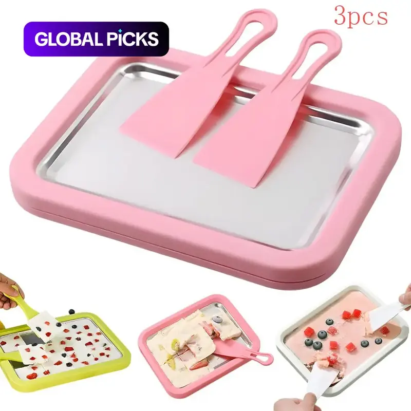 3-Piece Spiral Ice Cream Maker Set, Home Use with Instant Freezing Tray & 2 Scrapers, Stainless Steel Dessert Machine for Drinks Kitchenware #GLOBAL PICKS