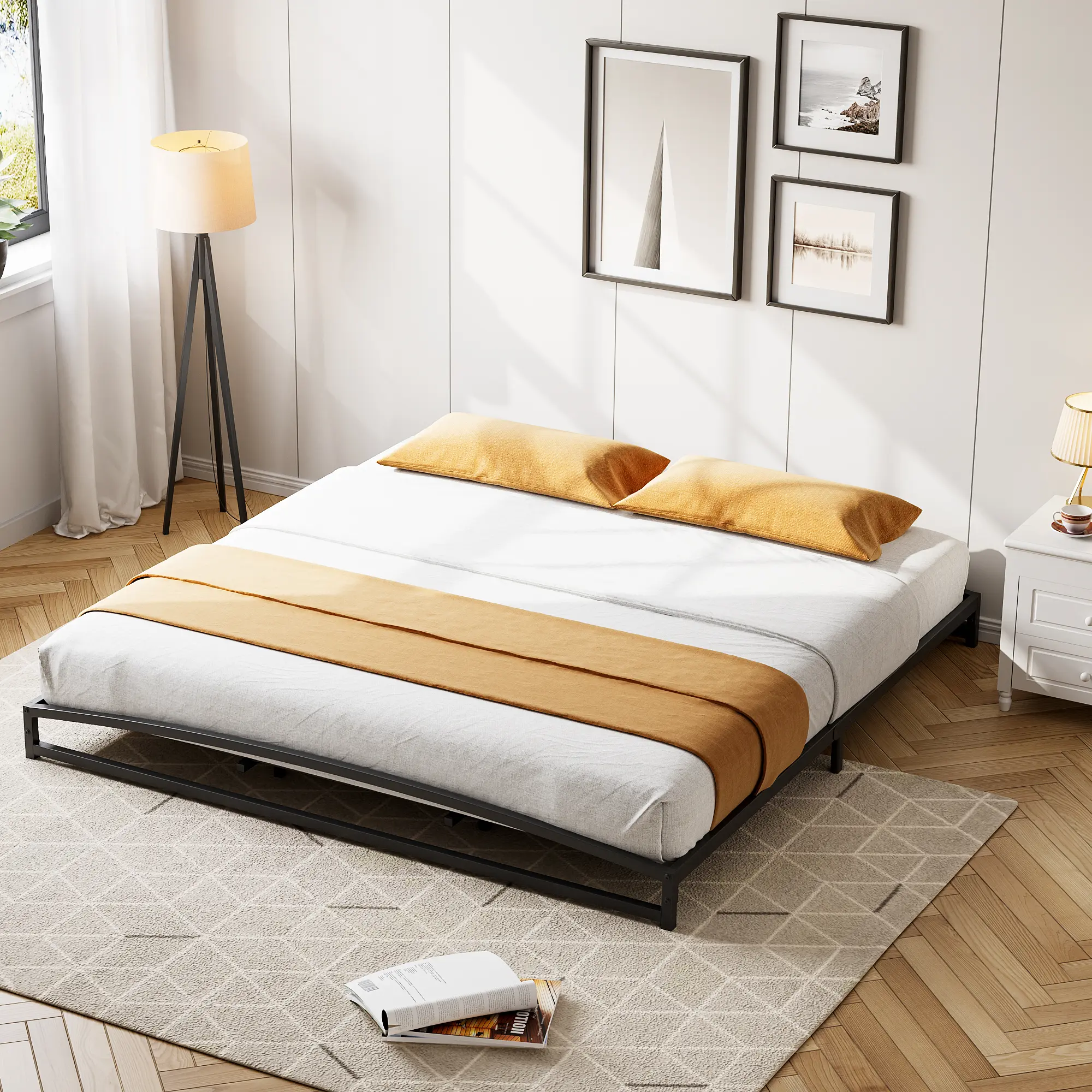 King Size 6 in Low Profile Heavy Duty Steel Frame Bed, 1000 lbs Capacity, Noise-Free Mattress Foundation, No Box Spring Needed, Unique Arched Design, Black