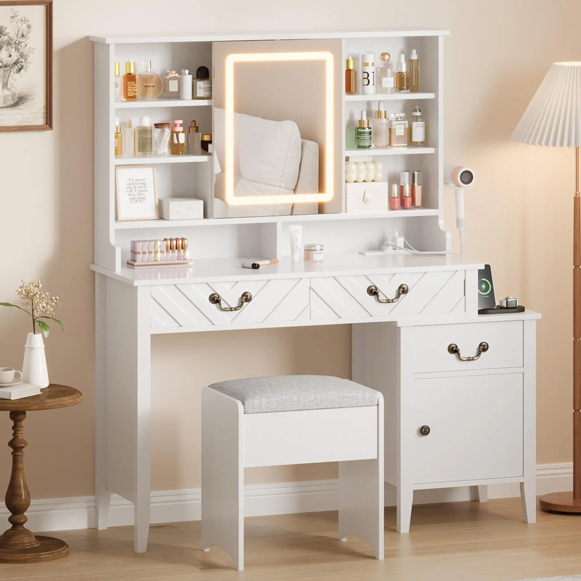Garvee White Makeup Vanity Desk with Stool - Adjustable Retractable Vanity with LED Mirror, Charging Station, Hair Dryer Holder, Multi-Drawer, All-Round Large Storage System, Compact Mode & Extended Desktop for Bedroom, Built-In Storage Makeup Vanities, P