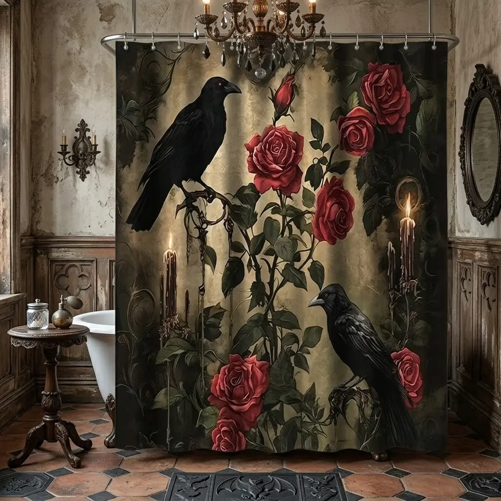1pcs Vintage Gothic Shower Curtain, Antique Texture Black Crow Red Rose Burning Candle Print Bath Curtain, Spooky Halloween Dark Academia Art Bathroom Drape for Bathtub Restroom Home Aesthetic Decor Floral Shower Curtain