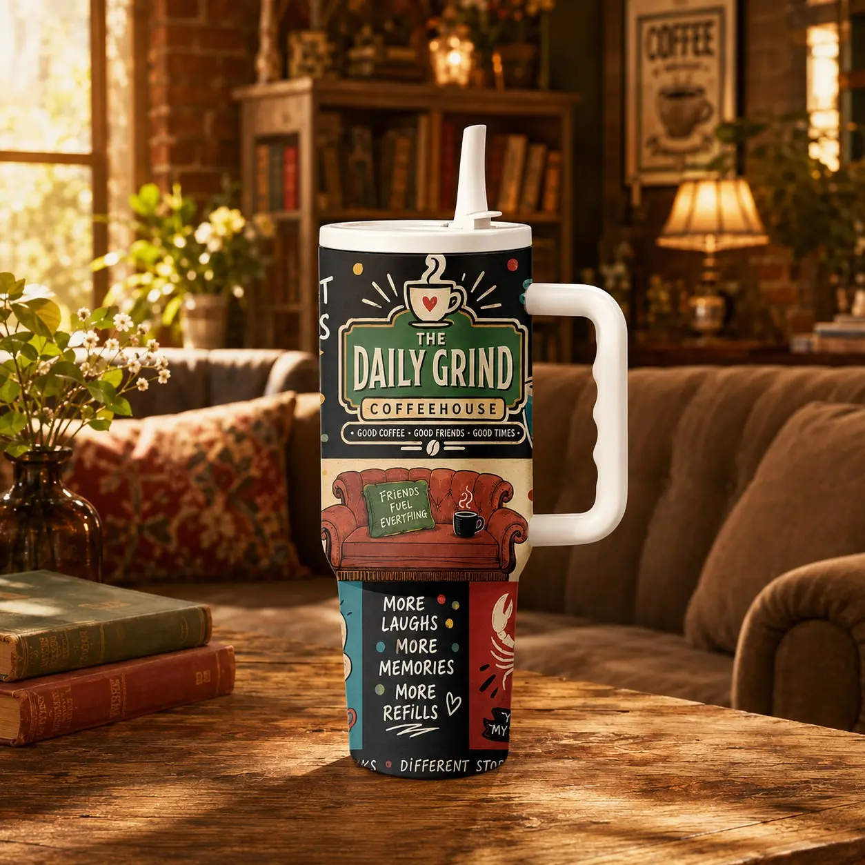 1pc 40 oz Tumbler with Handle and Straw | Friends TV Show Perk House Coffee Mug I 100% Leakproof Insulated Water Bottle Tumbler with Lid and Flexible SoftSip Straw | Made of Stainless Steel | Cup Holder Friendly | 40oz (Mist)，