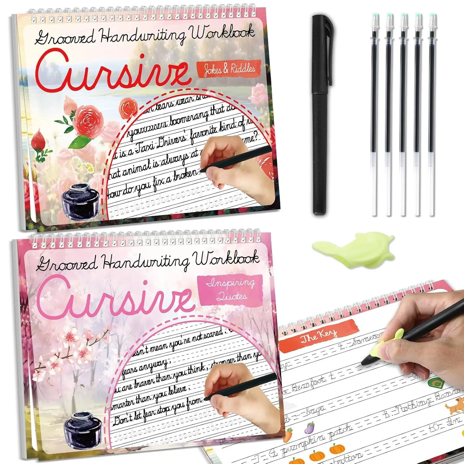 2 Pack Cursive Grooved Handwriting Workbooks Grooved Cursive  Writing Practice Copy Books with Disappearing Ink Pens Learning Activities Supplies (Jokes Riddles&Inspiring Quotes)