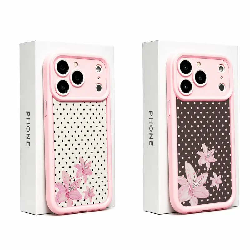 Pink Lily Polka Dot TPU Silicone Cellphone Casing - Shockproof Protector Cover with Protector, Girly Flower Aesthetic, Lightweight, Non-Slip, for iPhone 18/17/16/15 ProMax, Galaxy S26 Ultra/S25, Halloween Horror Design, Korean Minimalist Accessory