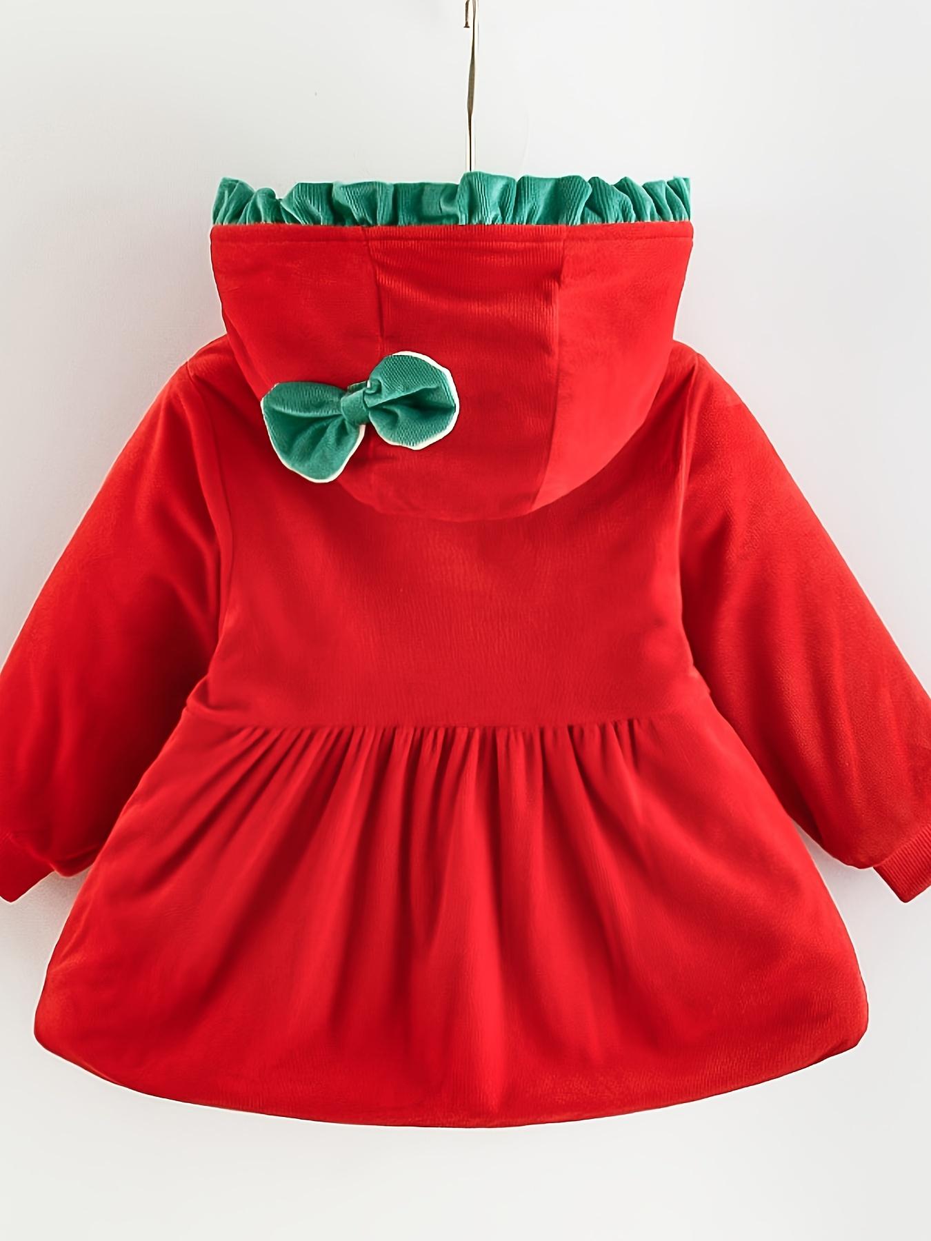 ' Winter Hooded Jacket - Long Sleeve Non-Stretch Coat with Front Bow Accent, Easy Button Closure, Hand Washable Outerwear, (Red/other Solid Color Available) - Perfect Christmas Outfit