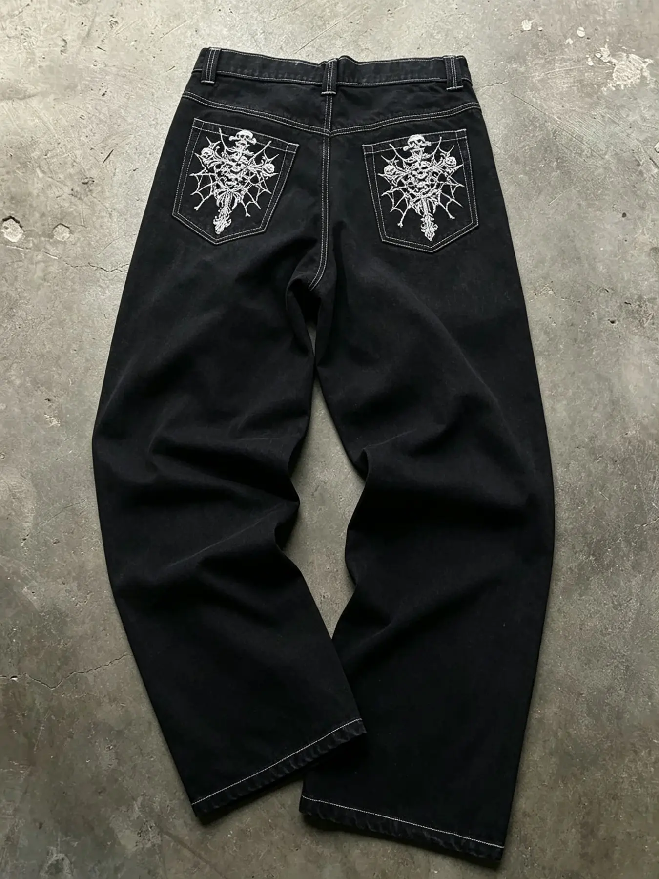 Men Y2K Gothic Skull Spider-Web Embroidered Baggy Wide-Leg Jeans, Loose Fit Denim Jeans, Alt Streetwear Trousers